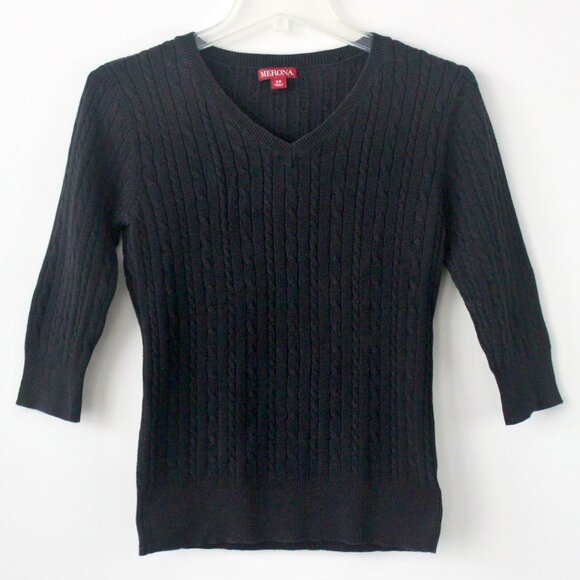 Merona Black 3/4 Sleeve V-Neck Thin Cable Preppy Cute Sweater Top Small - Picture 1 of 4